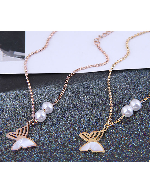 Fashion Rose Gold Color Titanium Steel Butterfly Pearl Necklace