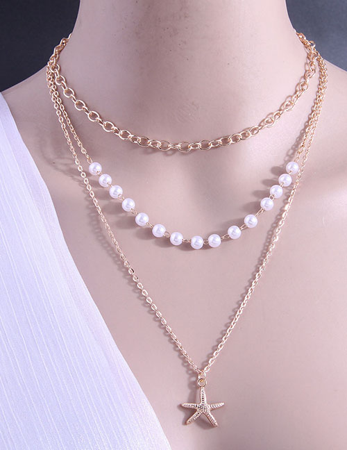 Fashion Gold Alloy Pearl Stitching Chain Starfish Multilayer Necklace