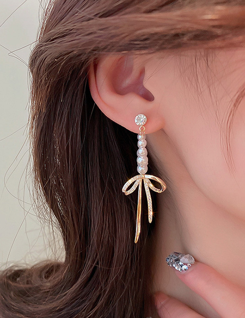 Fashion Gold Alloy Diamond Bow Pearl Drop Earrings