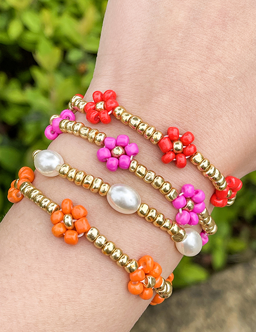 Fashion Color Alloy Rice Bead Flower Pearl Beaded Bracelet Two Piece Set