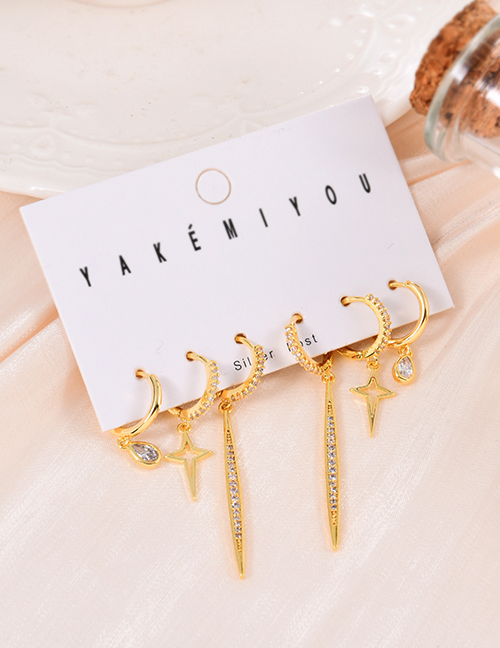 Fashion Gold Set Of 6 Brass Zirconium Geometric Pendant Earrings