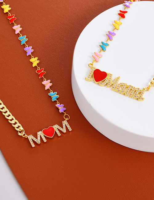 Fashion Color Bronze Zircon Alphabet Mama Oil Butterfly Stitching Chain Necklace