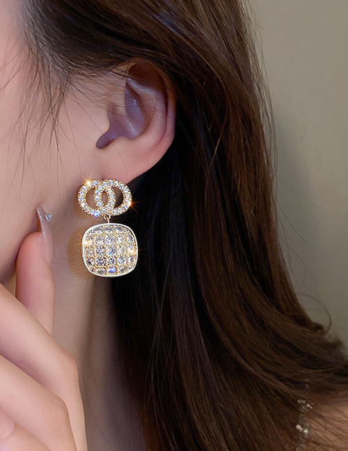 Fashion Gold Alloy Set Zirconium Double Hoop Square Stud Earrings