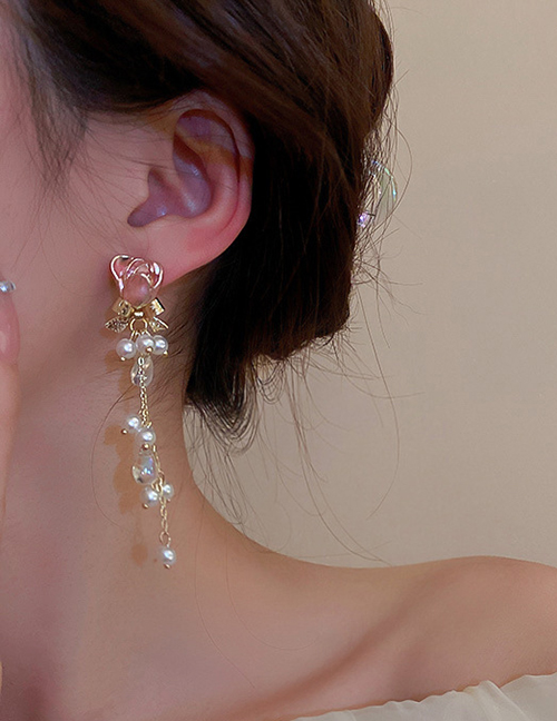 Fashion Gold Geometric Pearl Fringe Flower Drop Earrings