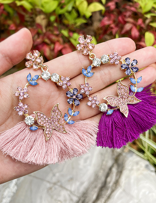 Fashion Navy Blue Alloy Diamond Flower Butterfly Tassel Stud Earrings