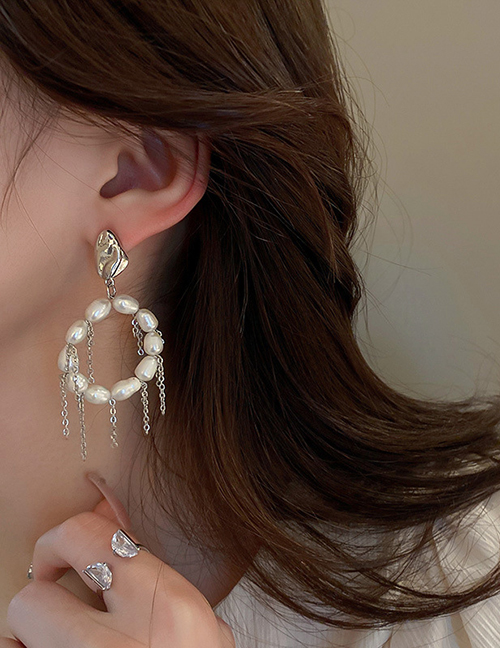 Fashion Silver Geometric Oval Pearl Chain Tassel Drop Earrings