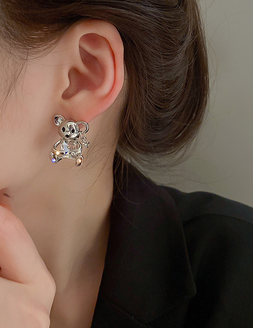 Fashion Silver Alloy Diamond Bear Stud Earrings