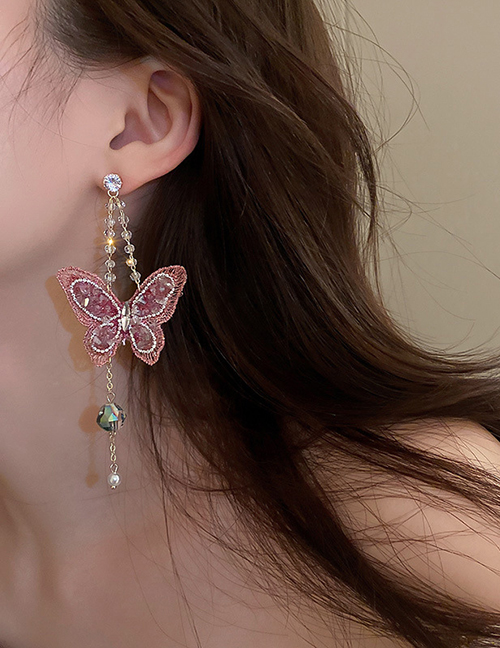 Fashion Pink Geometric Butterfly Crystal Pearl Tassel Drop Earrings