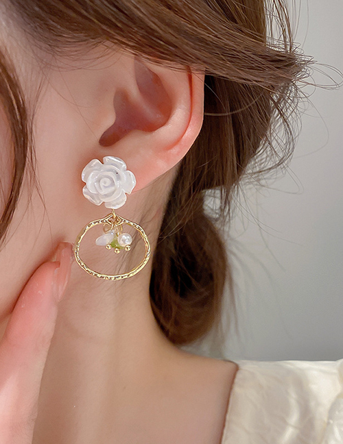 Fashion Gold Geometric Ring Hanging Pearl Flower Stud Earrings
