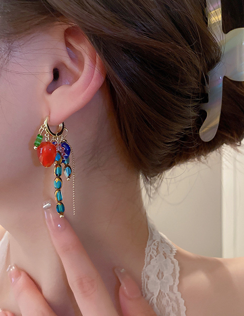 Fashion Color Geometric Crystal Heart Glass Flower Tassel Earrings