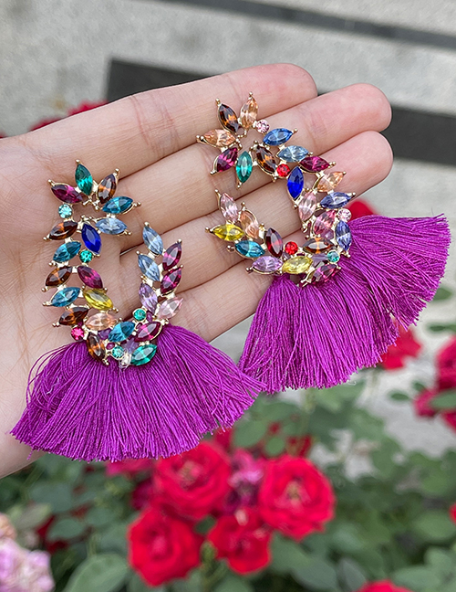 Fashion Purple Alloy Diamond Water Drop Tassel Flower Earrings (4)