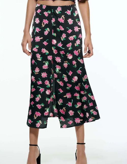 Fashion Black Silk-satin-print Slit Skirt