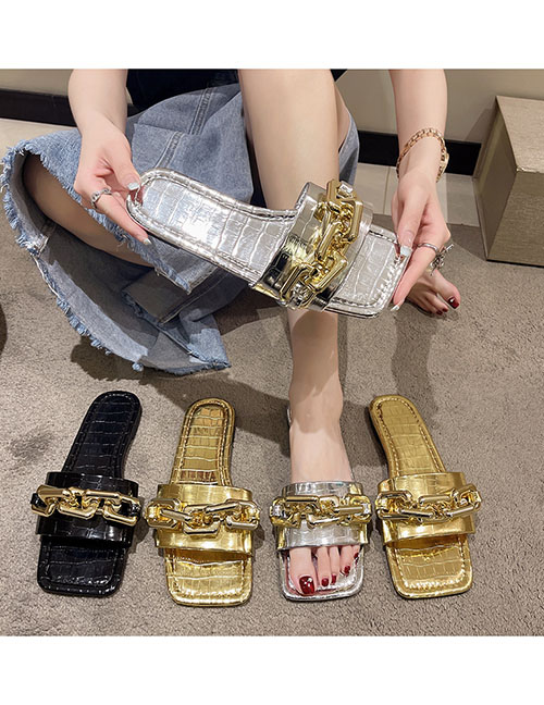 Fashion Gold Color Square Toe Soft Bottom Metal Chain Slippers