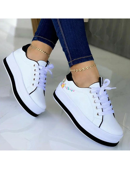 Fashion Gold Color Platform Mid-heel Round Toe Lace-up Embroidered Shoes