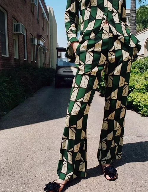 Fashion Green Geometric Print Straight-leg Trousers