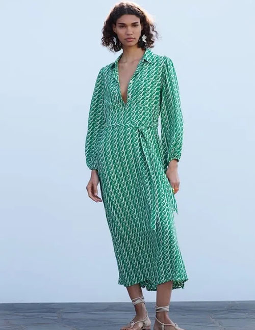 Fashion Green Printed Lace-up Dress