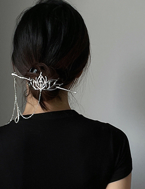 Fashion Silver Metal Lotus Flash Diamond Tassel Hairpin