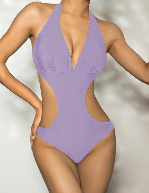 Fashion Blue Polyester Halter Cutout One Piece Swimsuit