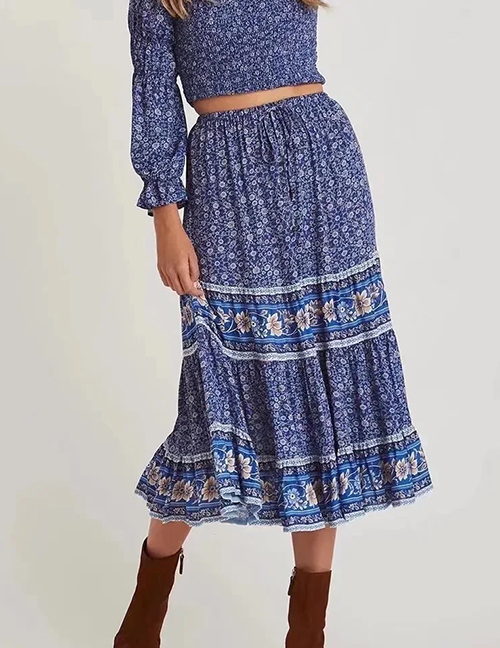 Fashion Blue Rayon Print Skirt