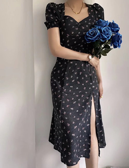 Fashion Black Geometric Print Slit Dress