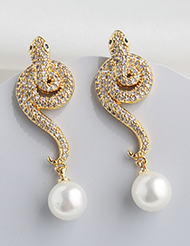 Fashion Golden Copper Inlaid Zircon Serpentine Pearl Stud Earrings