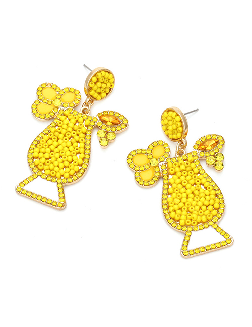 Fashion Yellow Metal Drop Oil Color Diamond Rice Bead Wine Glass Earrings