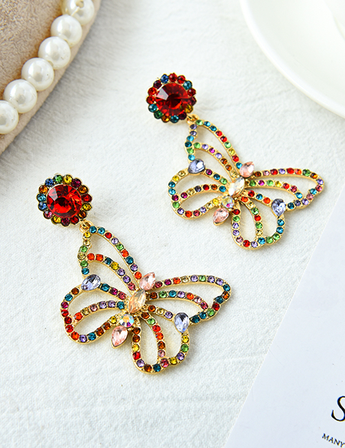 Fashion Color Alloy Inlaid Fancy Diamond Hollow Butterfly Stud Earrings