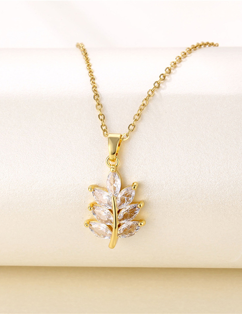 Fashion Gold Color Titanium Steel Diamond And Geometric Leaf Necklace