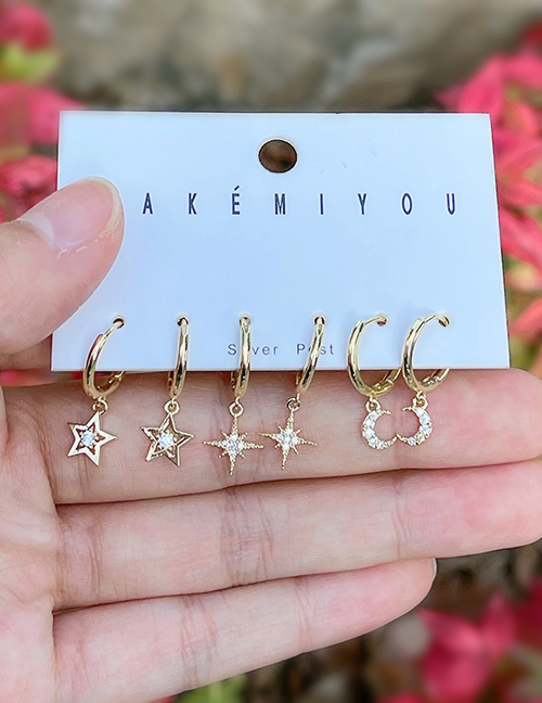 Fashion Gold Copper Inlaid Zirconium Star Crescent Earrings Set