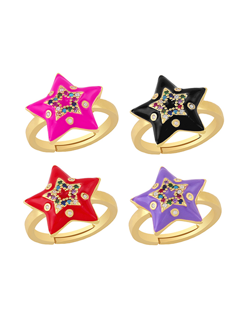 Fashion Rose Red Copper Inlaid Zirconium Oil Drop Five-pointed Star Ring