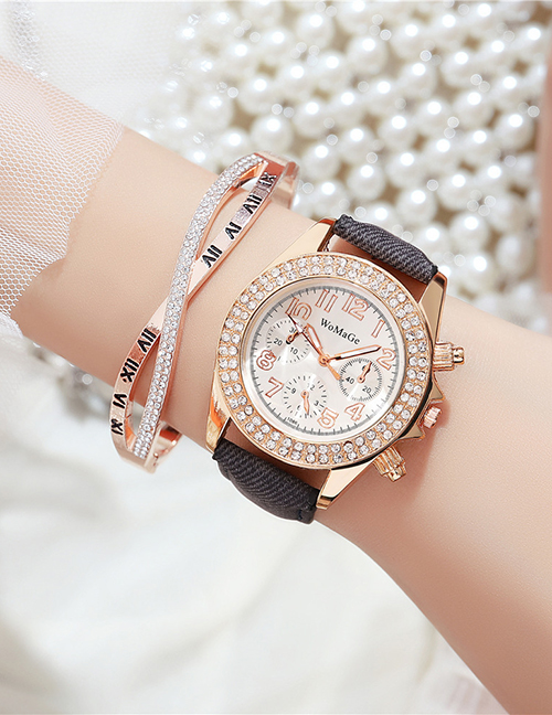 Fashion Brown Pu Rhinestone Belt Double Row Diamond Watch