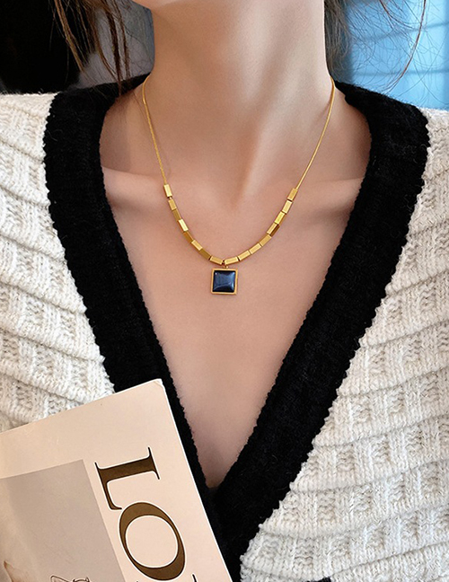 Fashion Gold Titanium Steel Square Gemstone Necklace
