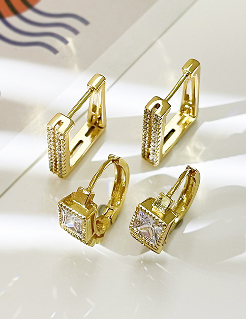 Fashion Gold-2 Brass Inset Zirconium Square Earrings