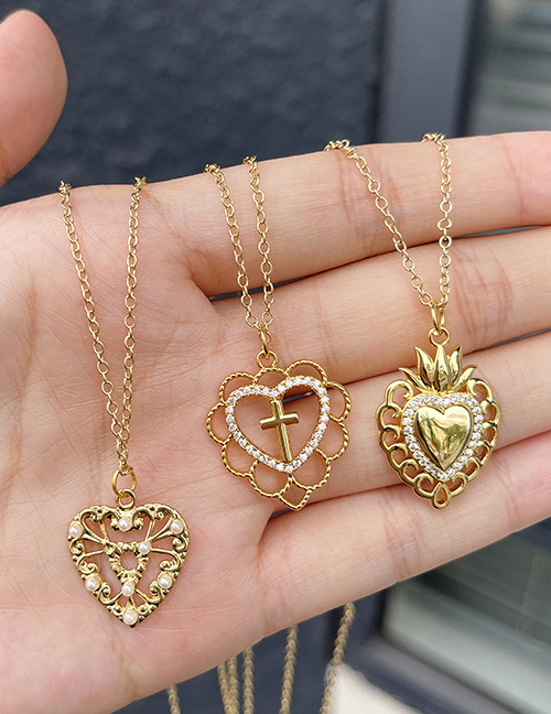Fashion Gold Bronze Zircon Openwork Heart Cross Pendant Necklace
