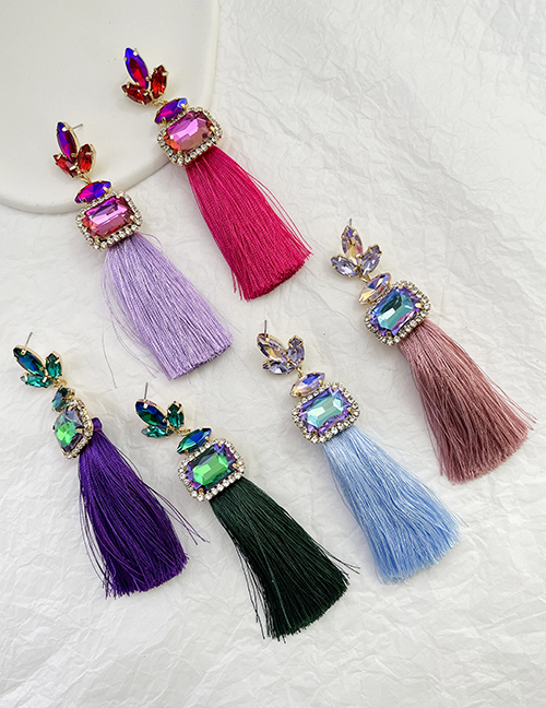 Fashion Purple Alloy Diamond Waterdrop Tassel Drop Earrings