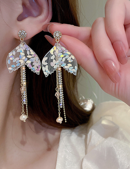 Fashion Gold Geometric Pearl And Diamond Fishtail Tassel Drop Earrings