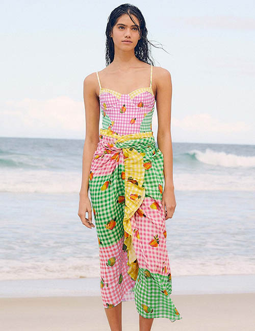 Fashion [one Size Skirt Only] Green Pink And Yellow Plaid Polyester Print Ruffle Knotted Skirt