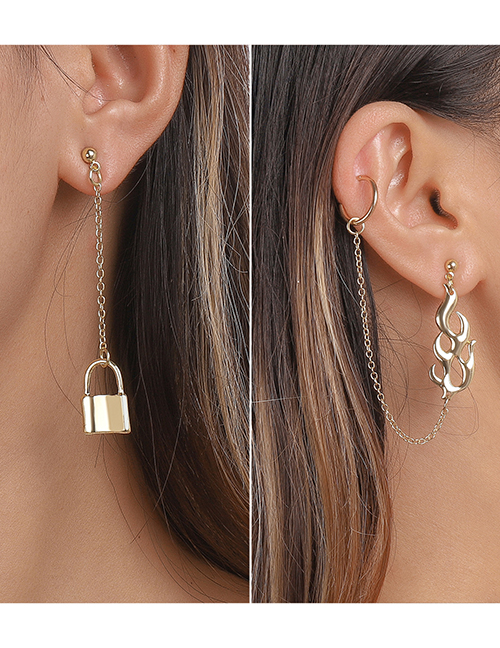 Fashion Gold Alloy Geometric Flame Gold Lock Asymmetric Drop Earrings