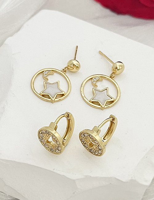 Fashion Gold Bronze Zirconium Crescent Star Hoop Stud Earrings