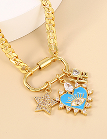 Fashion Blue Copper Inlaid Zirconium Thick Chain Love Heart Eye Letters Paper Clip Necklace