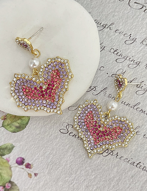 Fashion Color Alloy Diamond Heart Pearl Pendant Earrings