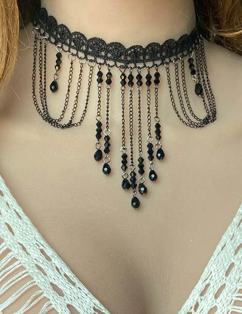 Fashion Black Geometric Chain Fringe Lace Necklace