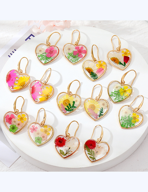 Fashion 1#love Yellow White And Green Flowers Resin Dried Flower Love Earrings