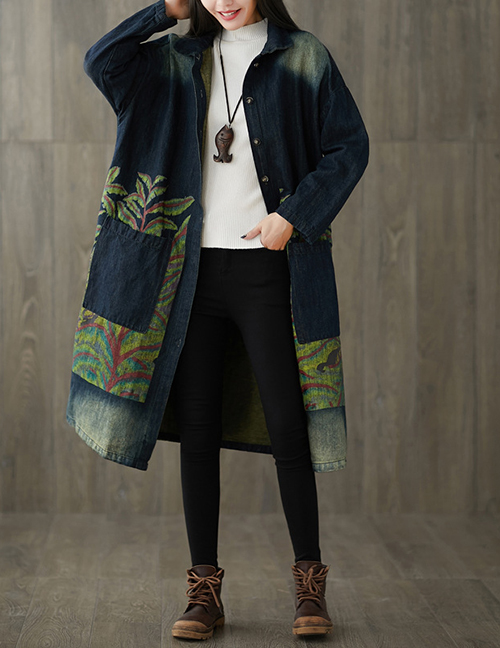 Fashion Navy Blue Printed Single-breasted Coat