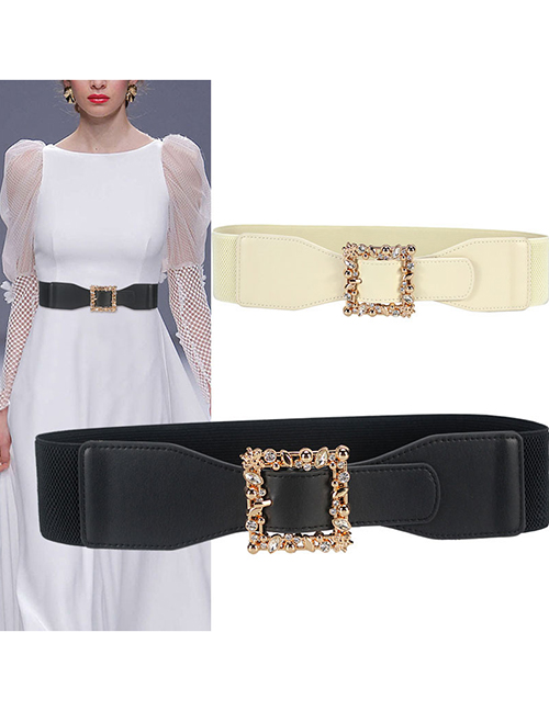 Fashion Creamy-white Faux Leather Metal Square Buckle Wide Belt