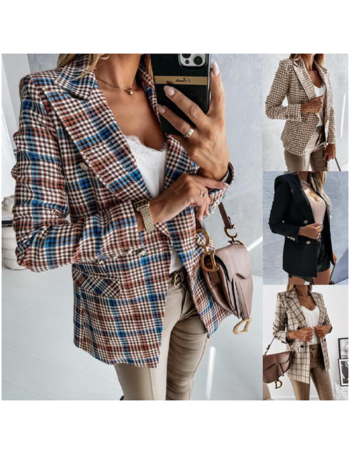 Fashion Houndstooth Polyester Dual -breasted Pocket Decorative Suit Jacket