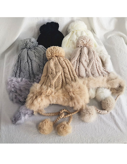 Fashion Beige Rabbit Fur Knitted Fleece Hooded Hat