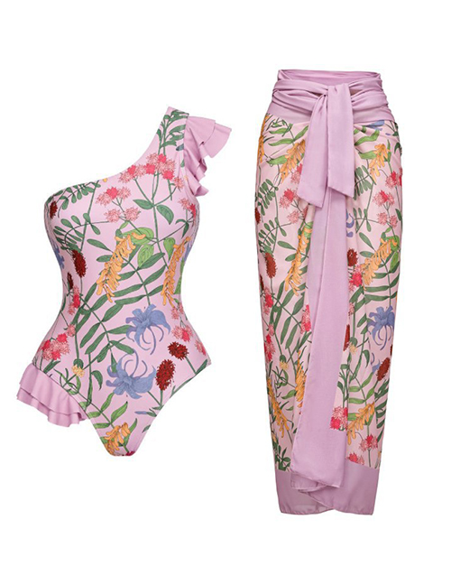 Fashion Y58 Pink Polyester Print Ruffle Sloping One-piece Swimsuit