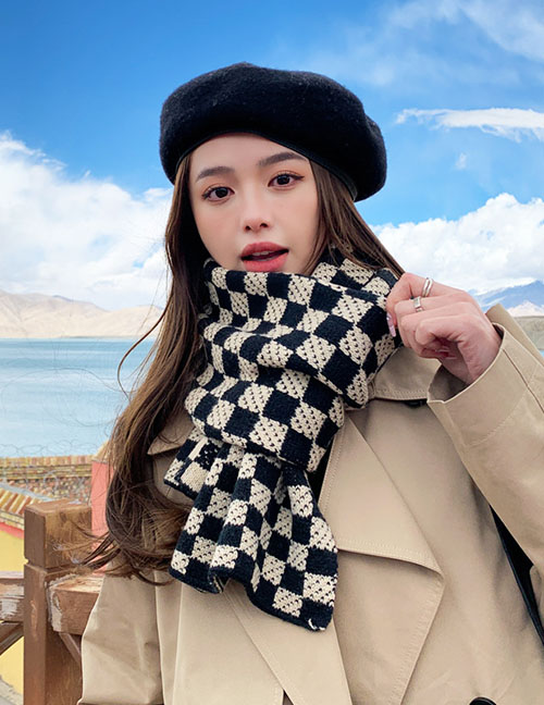 Fashion 2 Light Coffee Checkerboard Knitted Scarf  Polyester