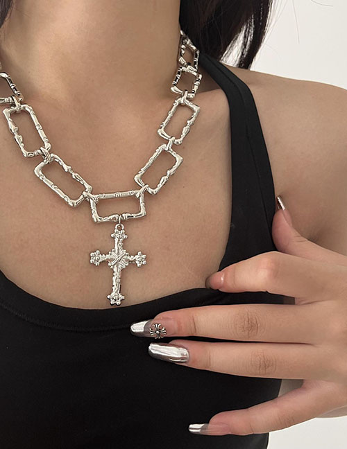 Fashion Silver Alloy Open Rectangle Chain Cross Necklace